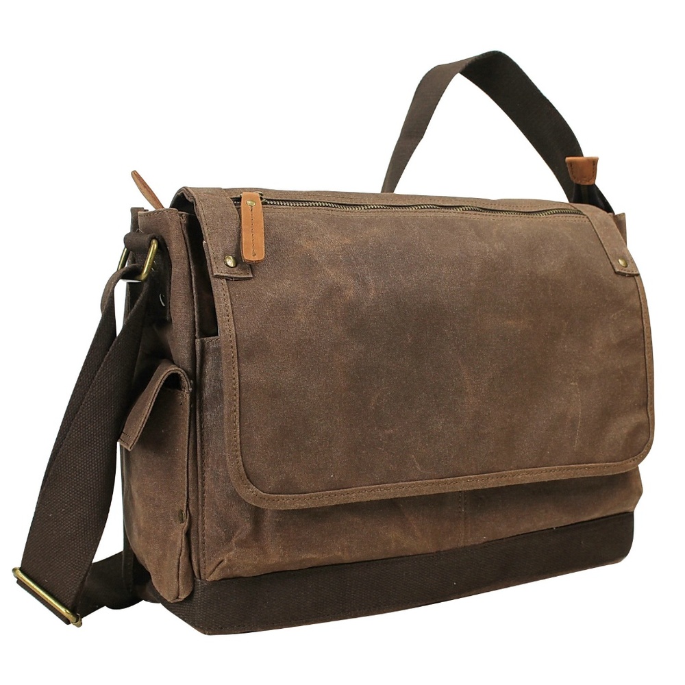 15.5" Large Wax Canvas Laptop Bag Messenger Bag Unisex Bag Coffee Brown C31LW